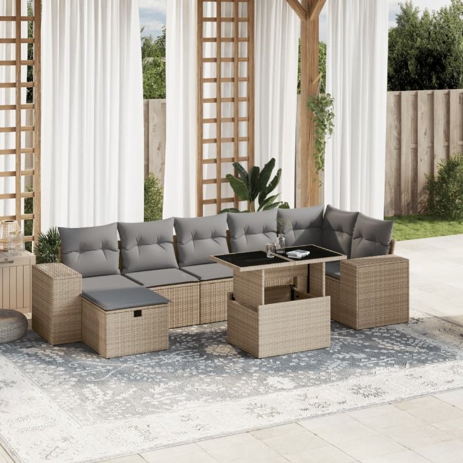 8-tlg. Garten-Sofagarnitur mit Kissen Schwarz Poly Rattan