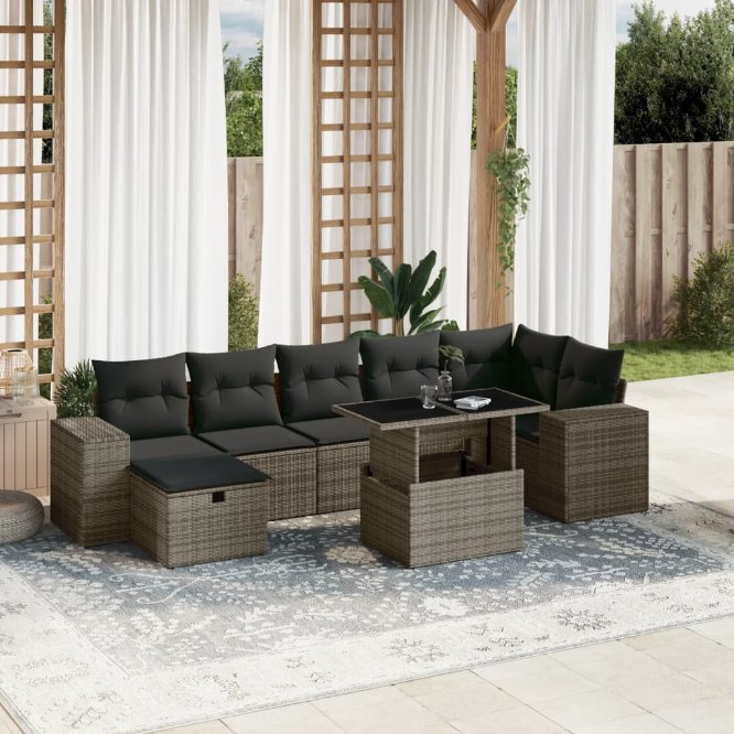 8-tlg. Garten-Sofagarnitur mit Kissen Schwarz Poly Rattan