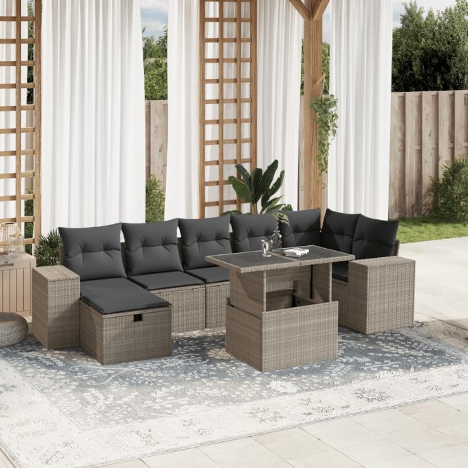8-tlg. Garten-Sofagarnitur mit Kissen Schwarz Poly Rattan