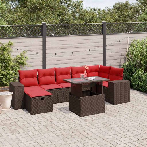 8-teiliges Gartensofa-Set mit Kissen, schwarzes Polyrattan