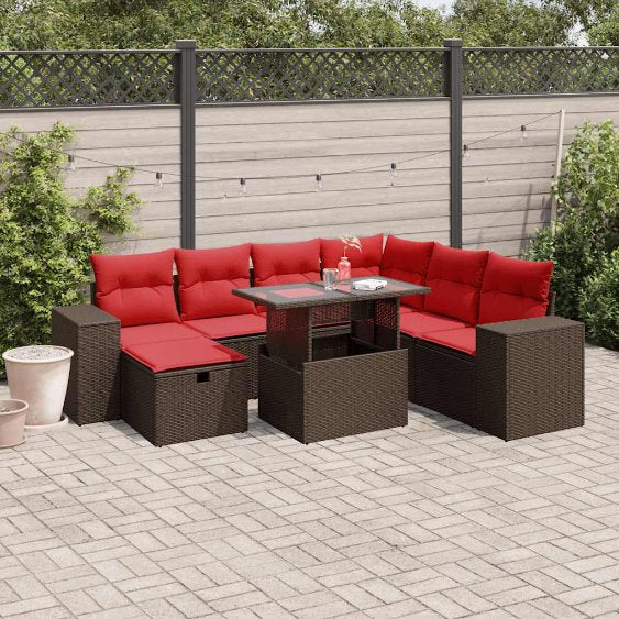 8-teiliges Gartensofa-Set mit Kissen, schwarzes Polyrattan