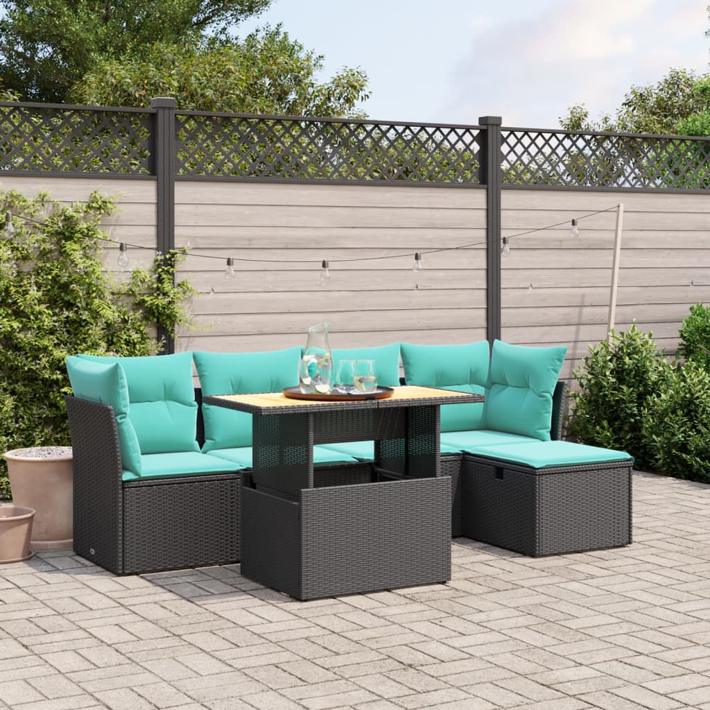 6-tlg. Garten-Sofagarnitur mit Kissen Schwarz Poly Rattan