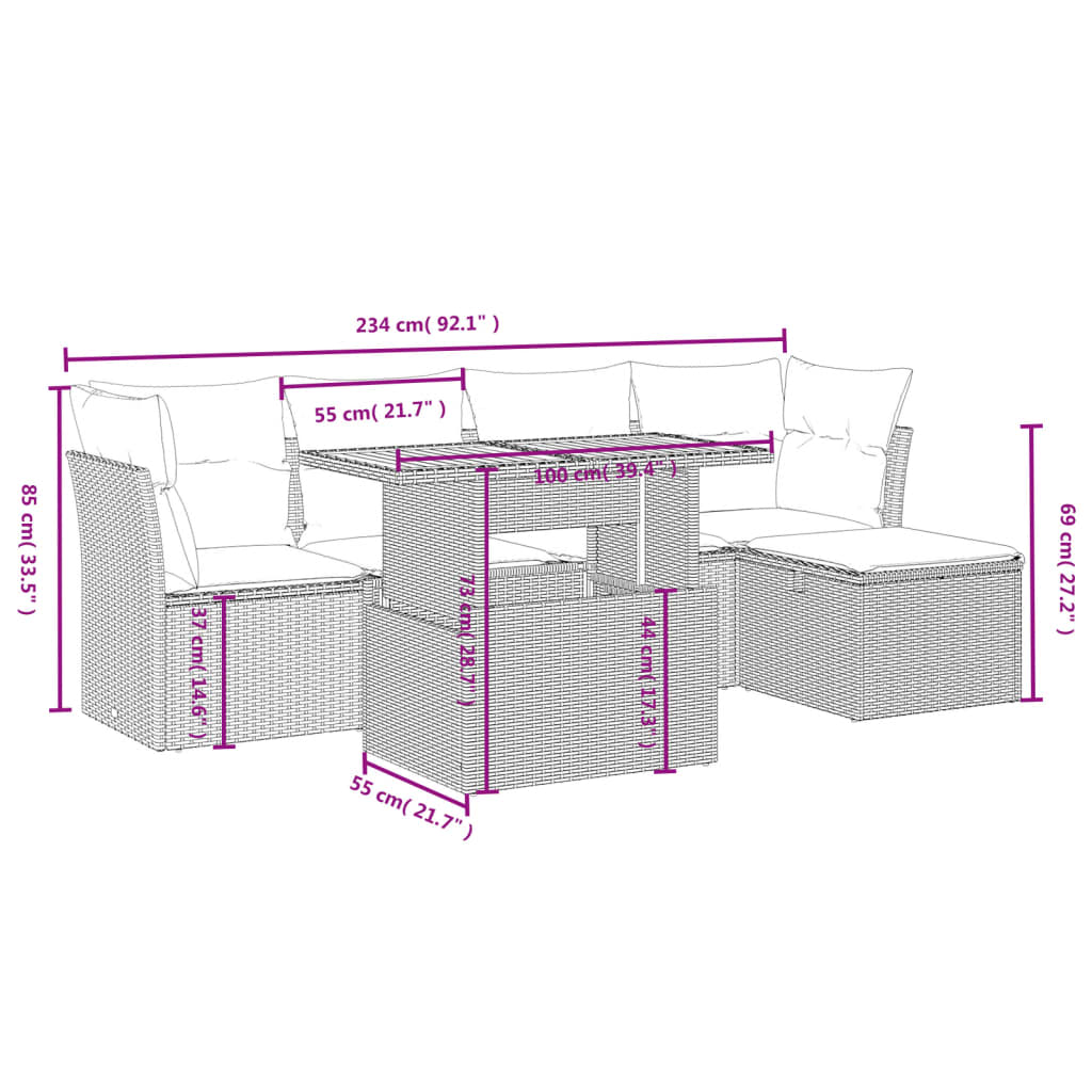 6-tlg. Garten-Sofagarnitur mit Kissen Schwarz Poly Rattan