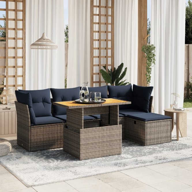 6-tlg. Garten-Sofagarnitur mit Kissen Schwarz Poly Rattan