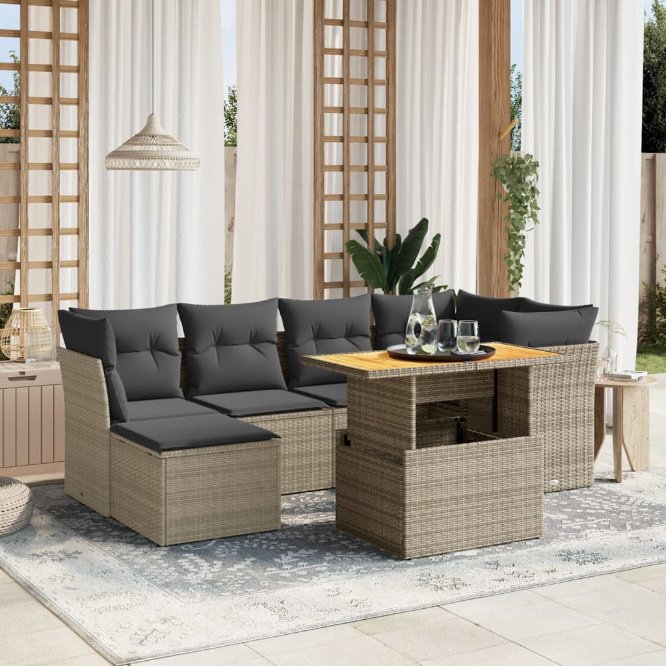 7-tlg. Garten-Sofagarnitur mit Kissen Schwarz Poly Rattan