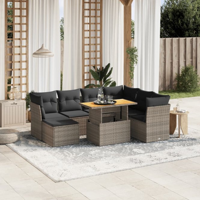 8-tlg. Garten-Sofagarnitur mit Kissen Schwarz Poly Rattan