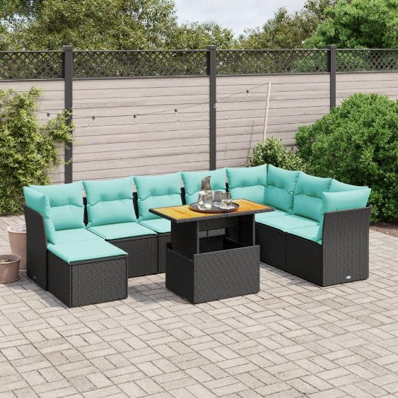 9-tlg. Garten-Sofagarnitur mit Kissen Schwarz Poly Rattan