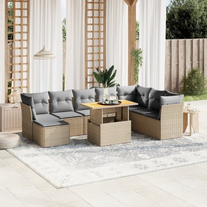 9-tlg. Garten-Sofagarnitur mit Kissen Schwarz Poly Rattan