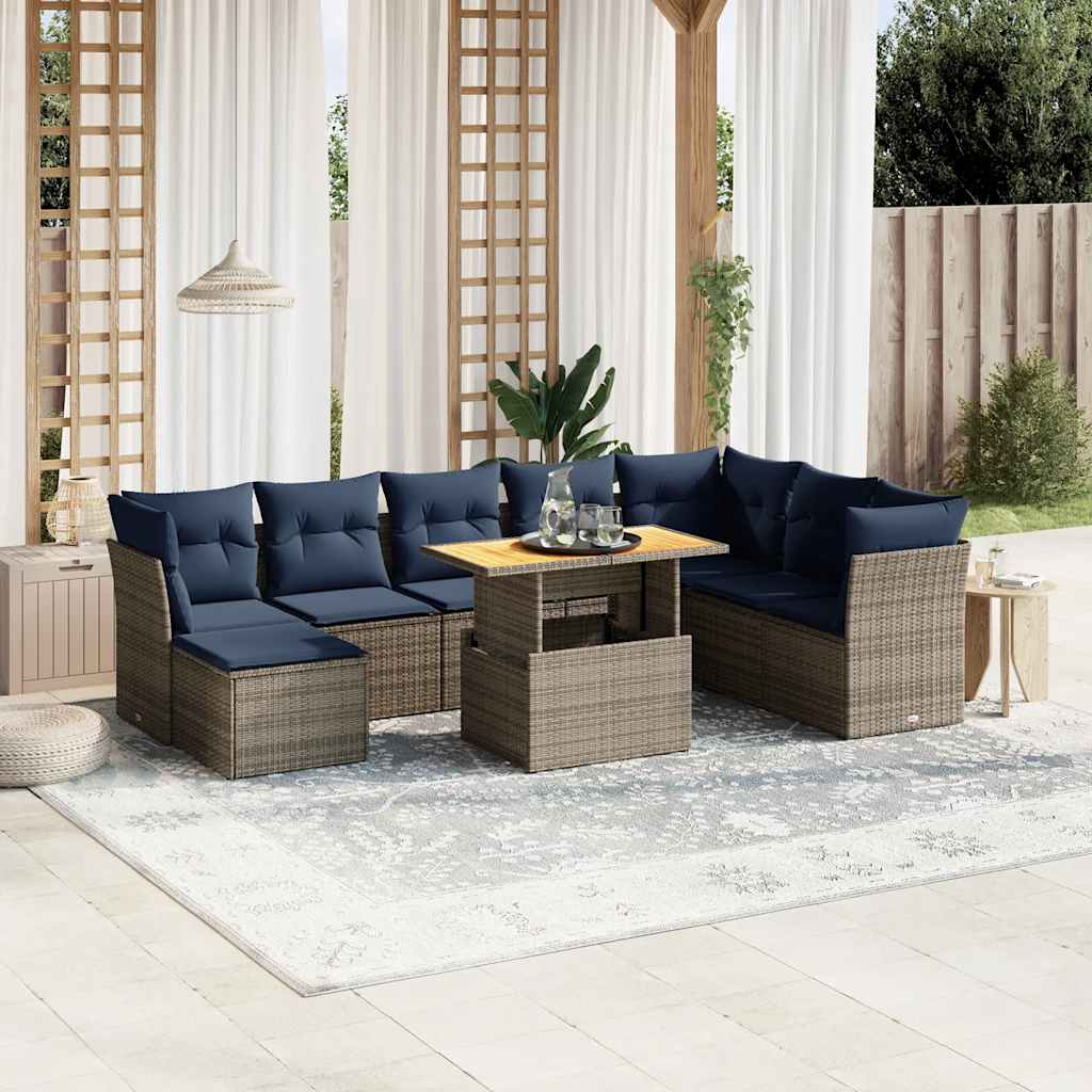 9-tlg. Garten-Sofagarnitur mit Kissen Schwarz Poly Rattan