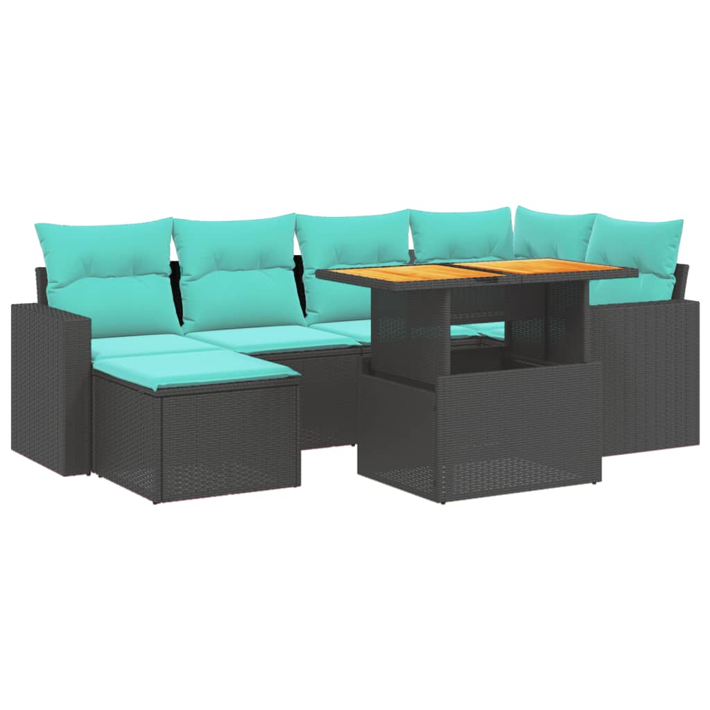 7-tlg. Garten-Sofagarnitur mit Kissen Schwarz Poly Rattan