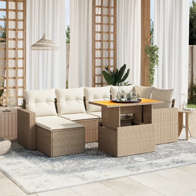 7-tlg. Garten-Sofagarnitur mit Kissen Schwarz Poly Rattan