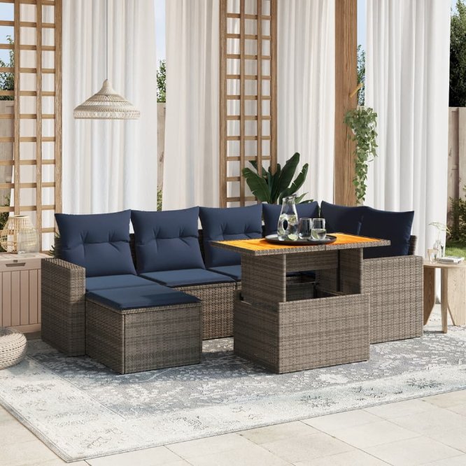 7-tlg. Garten-Sofagarnitur mit Kissen Schwarz Poly Rattan