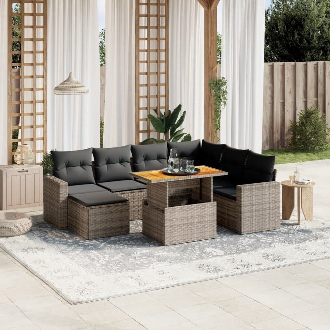 8-tlg. Garten-Sofagarnitur mit Kissen Schwarz Poly Rattan