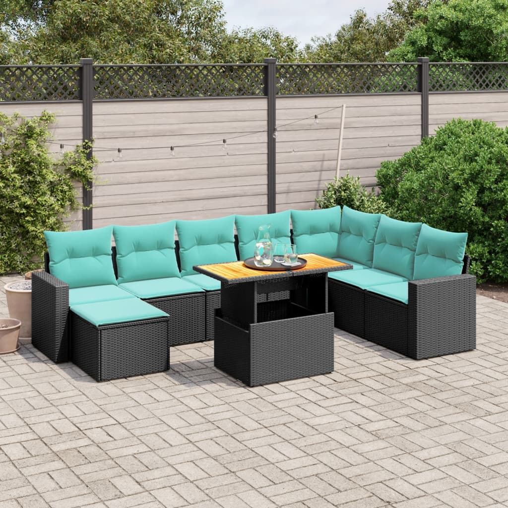 9-tlg. Garten-Sofagarnitur mit Kissen Schwarz Poly Rattan