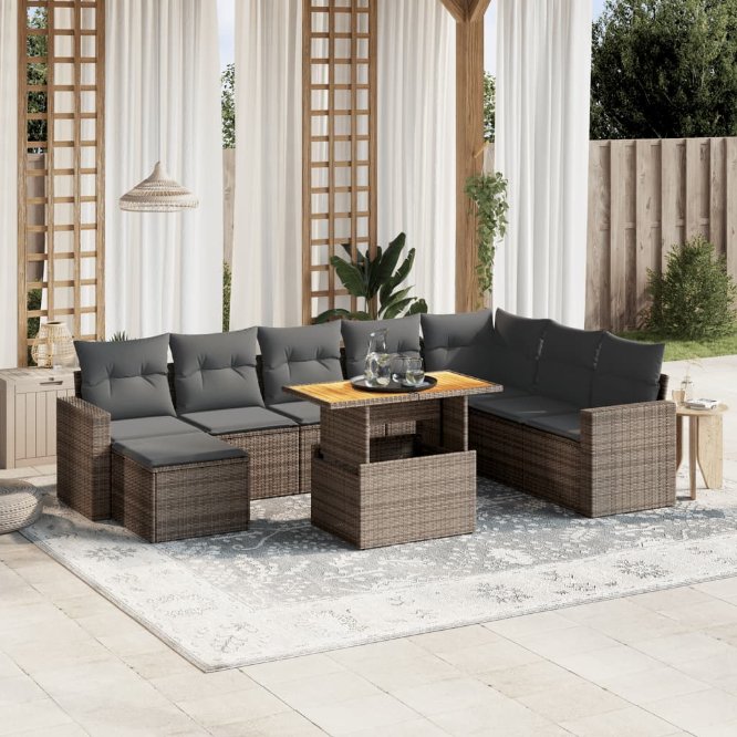 9-tlg. Garten-Sofagarnitur mit Kissen Schwarz Poly Rattan
