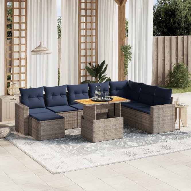 9-tlg. Garten-Sofagarnitur mit Kissen Schwarz Poly Rattan