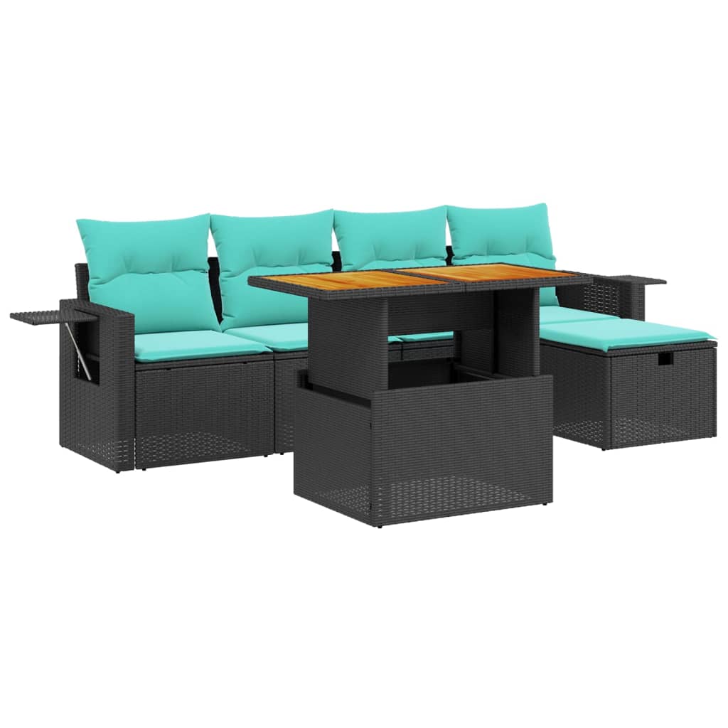 6-tlg. Garten-Sofagarnitur mit Kissen Schwarz Poly Rattan