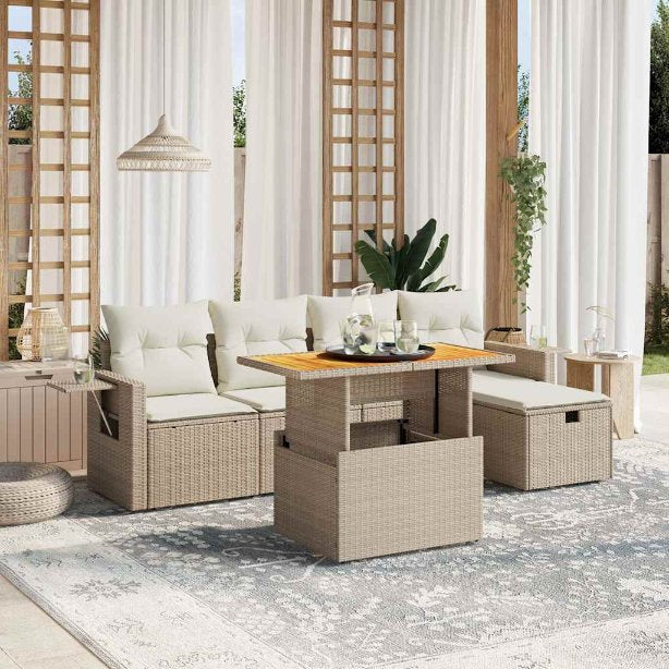 6-tlg. Garten-Sofagarnitur mit Kissen Schwarz Poly Rattan