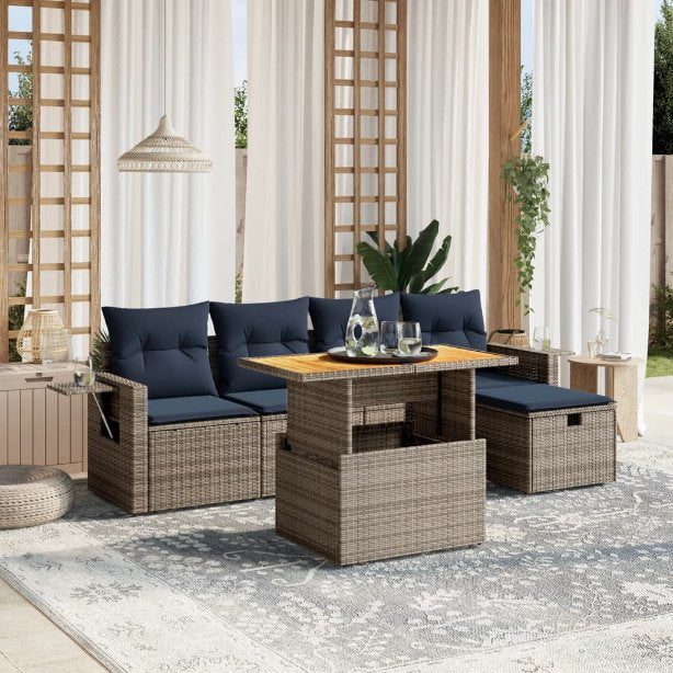 6-tlg. Garten-Sofagarnitur mit Kissen Schwarz Poly Rattan