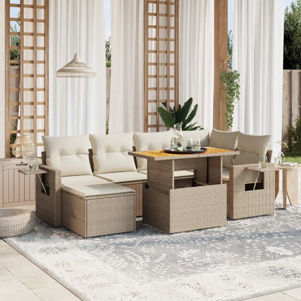7-tlg. Garten-Sofagarnitur mit Kissen Schwarz Poly Rattan