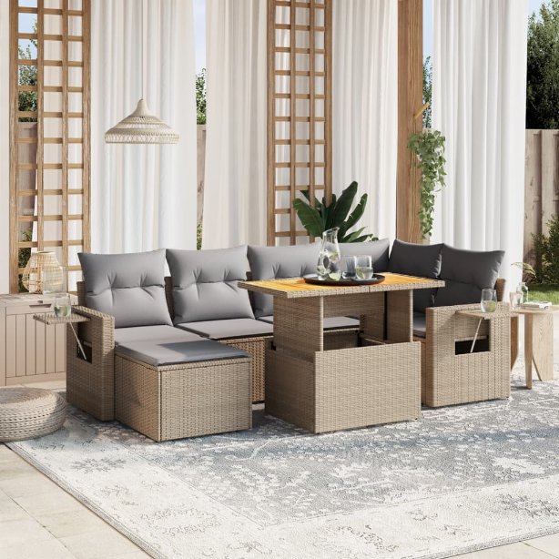 7-tlg. Garten-Sofagarnitur mit Kissen Schwarz Poly Rattan