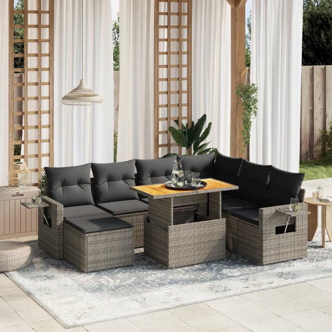 8-tlg. Garten-Sofagarnitur mit Kissen Schwarz Poly Rattan