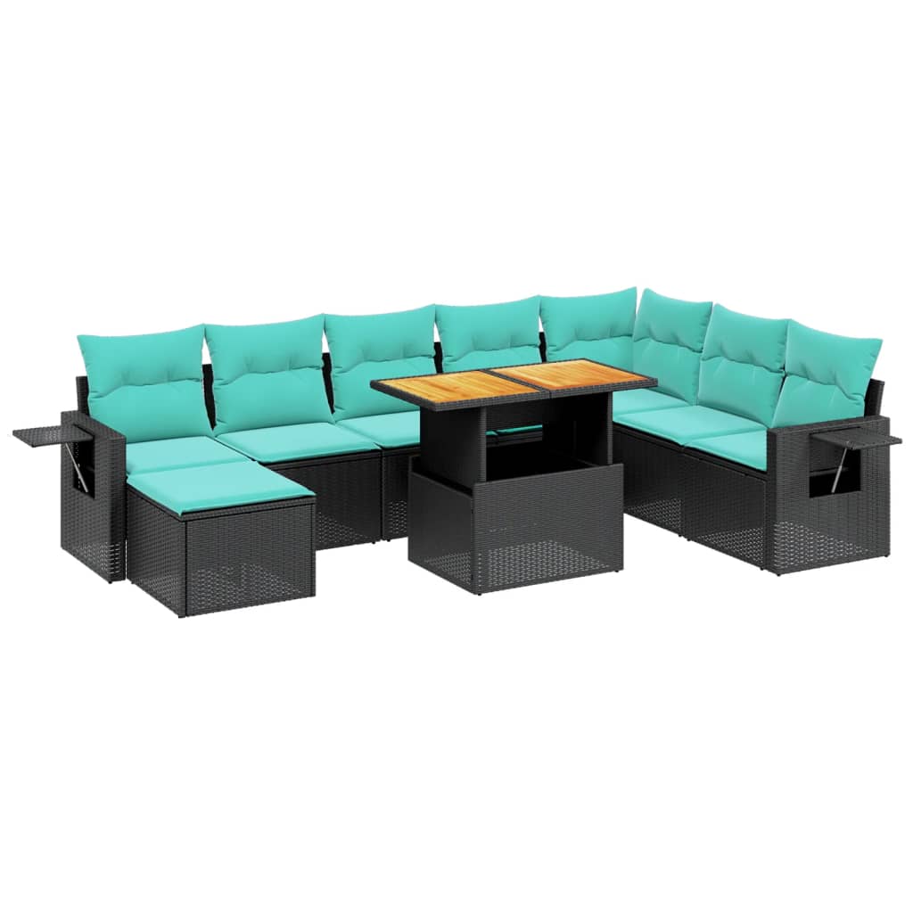 9-tlg. Garten-Sofagarnitur mit Kissen Schwarz Poly Rattan
