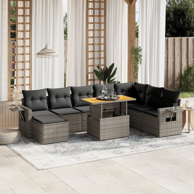 9-tlg. Garten-Sofagarnitur mit Kissen Schwarz Poly Rattan