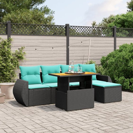 6-tlg. Garten-Sofagarnitur mit Kissen Schwarz Poly Rattan