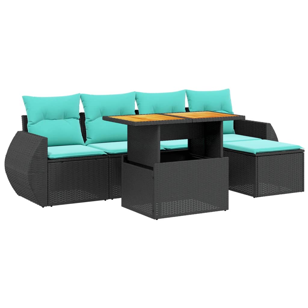6-tlg. Garten-Sofagarnitur mit Kissen Schwarz Poly Rattan