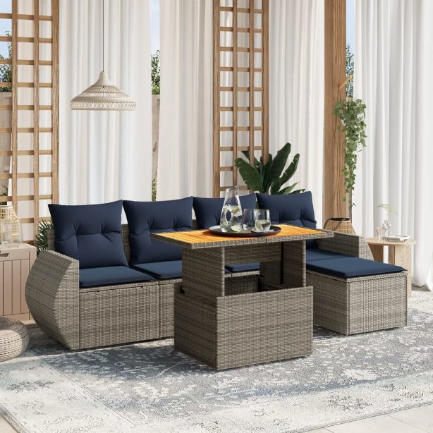 6-tlg. Garten-Sofagarnitur mit Kissen Schwarz Poly Rattan