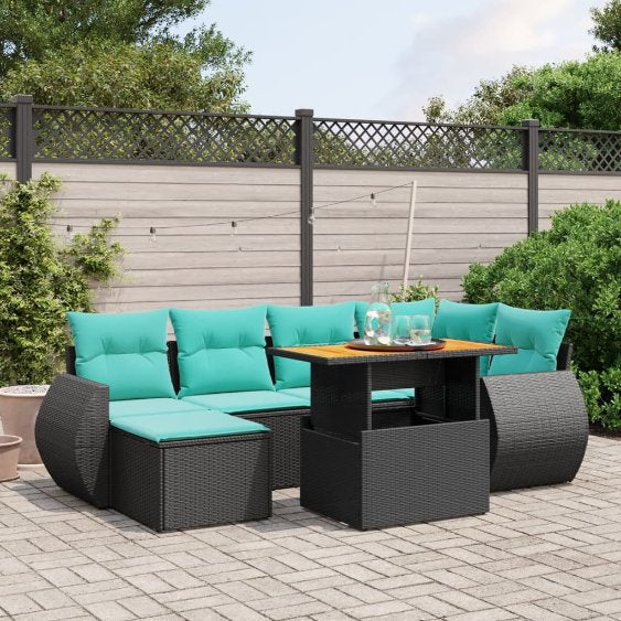 7-tlg. Garten-Sofagarnitur mit Kissen Schwarz Poly Rattan