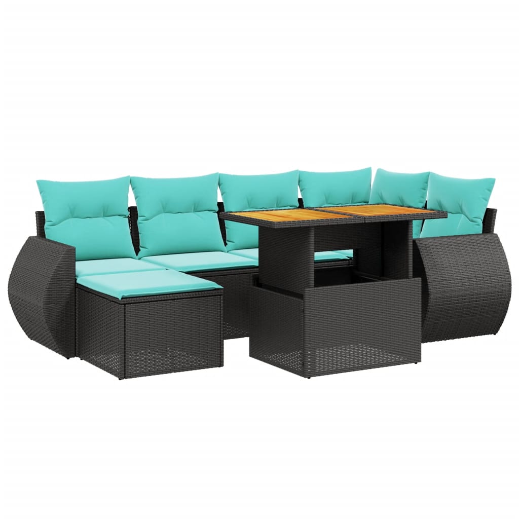 7-tlg. Garten-Sofagarnitur mit Kissen Schwarz Poly Rattan