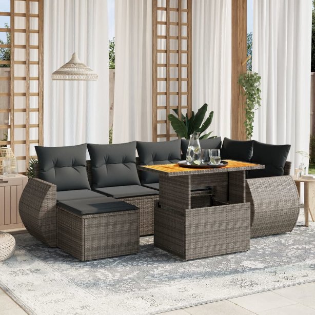 7-tlg. Garten-Sofagarnitur mit Kissen Schwarz Poly Rattan