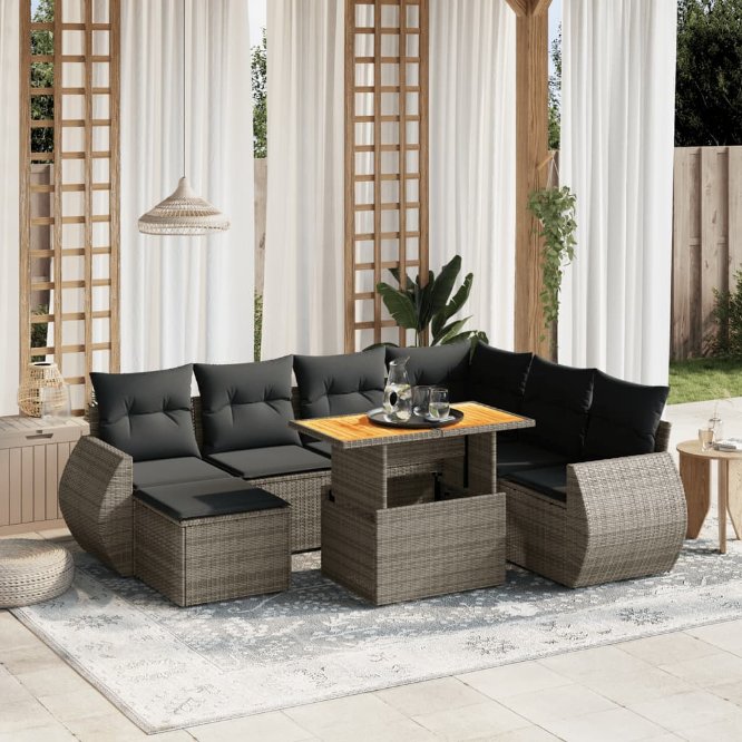 8-tlg. Garten-Sofagarnitur mit Kissen Schwarz Poly Rattan