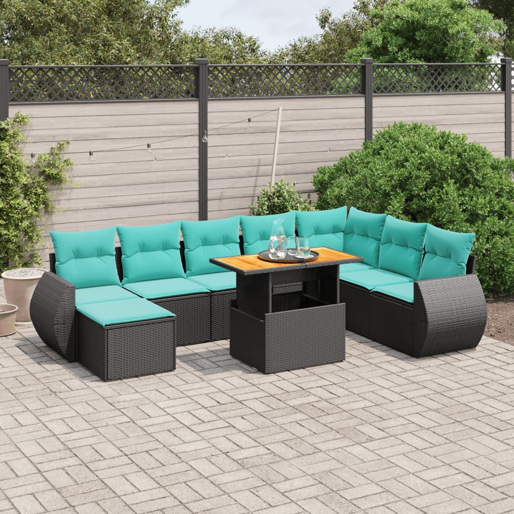 9-tlg. Garten-Sofagarnitur mit Kissen Schwarz Poly Rattan