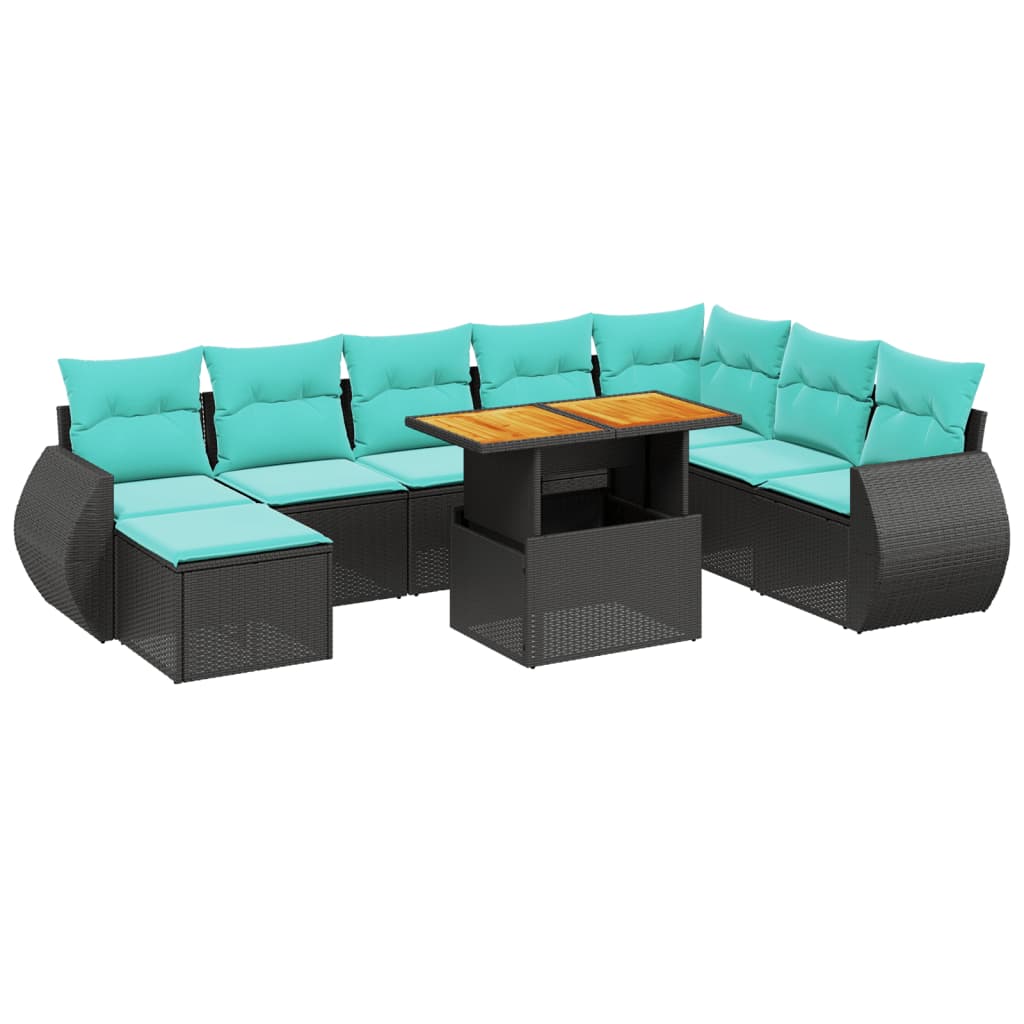 9-tlg. Garten-Sofagarnitur mit Kissen Schwarz Poly Rattan