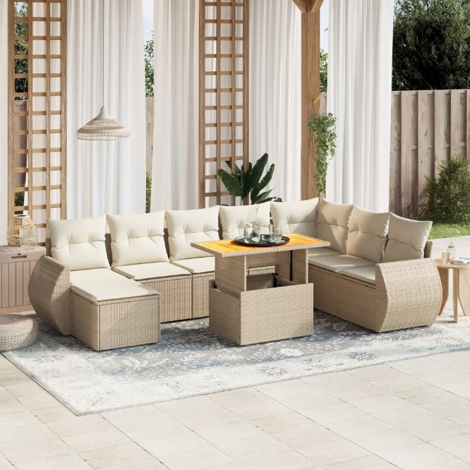 9-tlg. Garten-Sofagarnitur mit Kissen Schwarz Poly Rattan