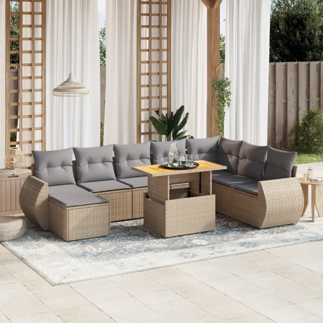 9-tlg. Garten-Sofagarnitur mit Kissen Schwarz Poly Rattan