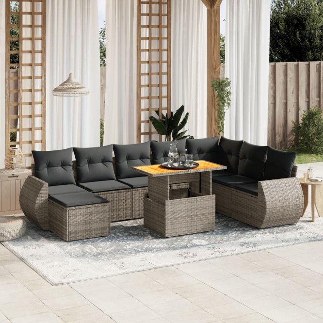 9-tlg. Garten-Sofagarnitur mit Kissen Schwarz Poly Rattan
