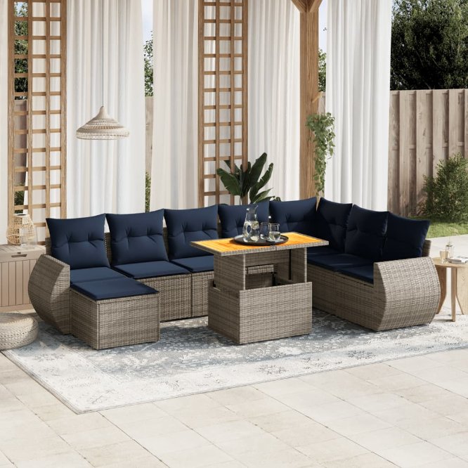 9-tlg. Garten-Sofagarnitur mit Kissen Schwarz Poly Rattan