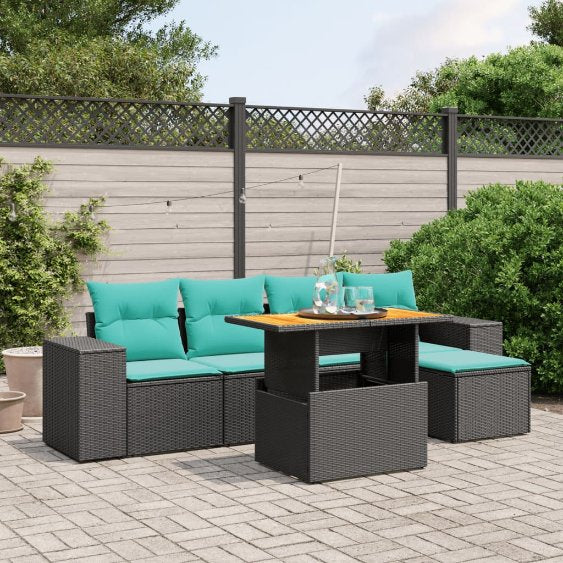 6-tlg. Garten-Sofagarnitur mit Kissen Schwarz Poly Rattan