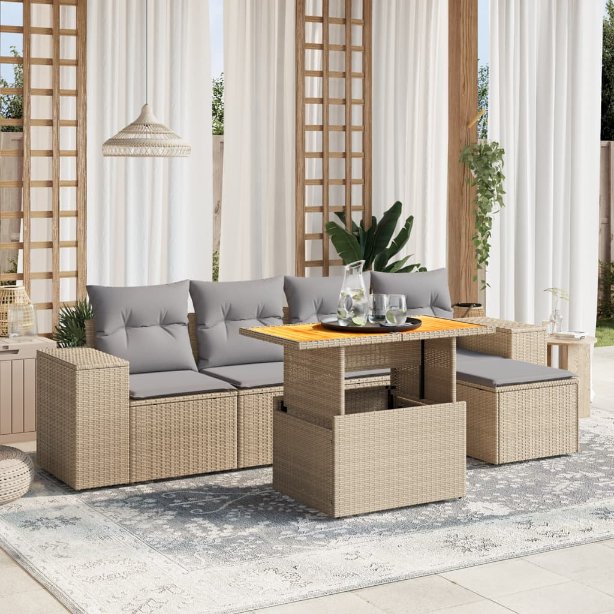 6-tlg. Garten-Sofagarnitur mit Kissen Schwarz Poly Rattan