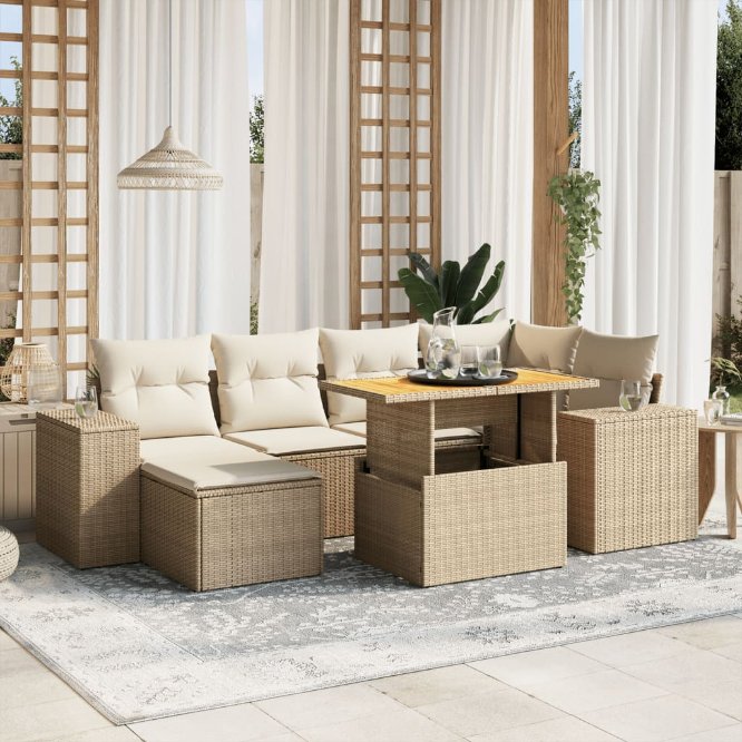7-tlg. Garten-Sofagarnitur mit Kissen Schwarz Poly Rattan