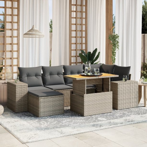 7-tlg. Garten-Sofagarnitur mit Kissen Schwarz Poly Rattan