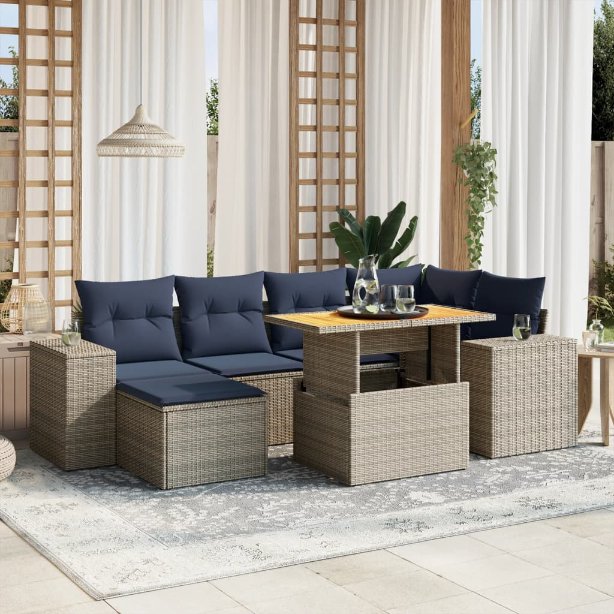 7-tlg. Garten-Sofagarnitur mit Kissen Schwarz Poly Rattan