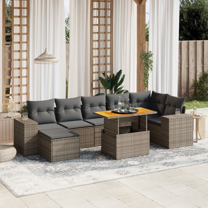 8-tlg. Garten-Sofagarnitur mit Kissen Schwarz Poly Rattan