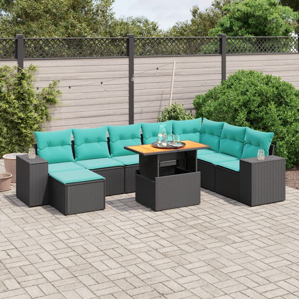 9-tlg. Garten-Sofagarnitur mit Kissen Schwarz Poly Rattan