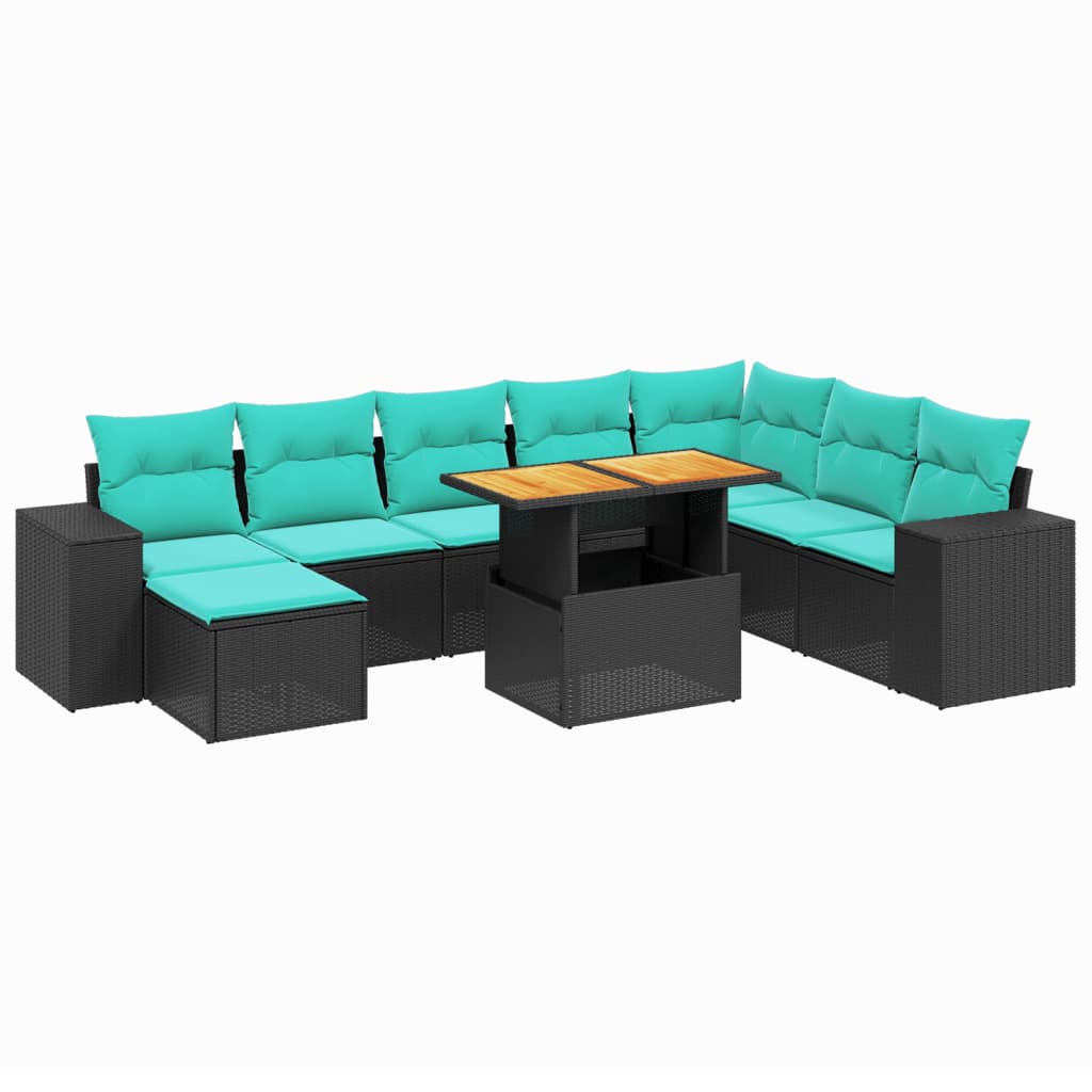 9-tlg. Garten-Sofagarnitur mit Kissen Schwarz Poly Rattan