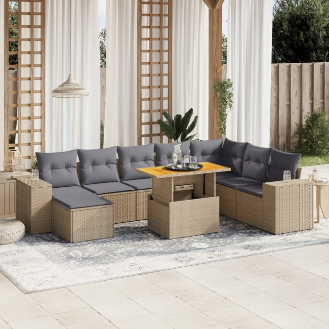 9-tlg. Garten-Sofagarnitur mit Kissen Schwarz Poly Rattan